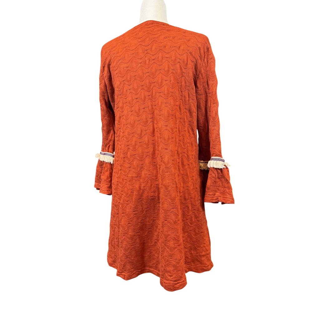 Hayden Los Angeles Shift Dress Rust Orange Boho Bell Sleeve Fringe Size Large - Picture 6 of 7